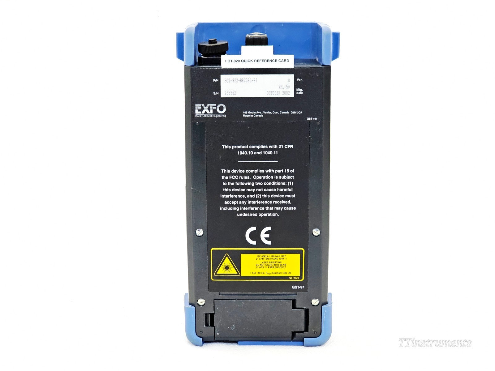 EXFO FOT-922 MaxTester rear label showing part number FOT-922-BR23BL-EI, serial number and October 2012 manufacture date