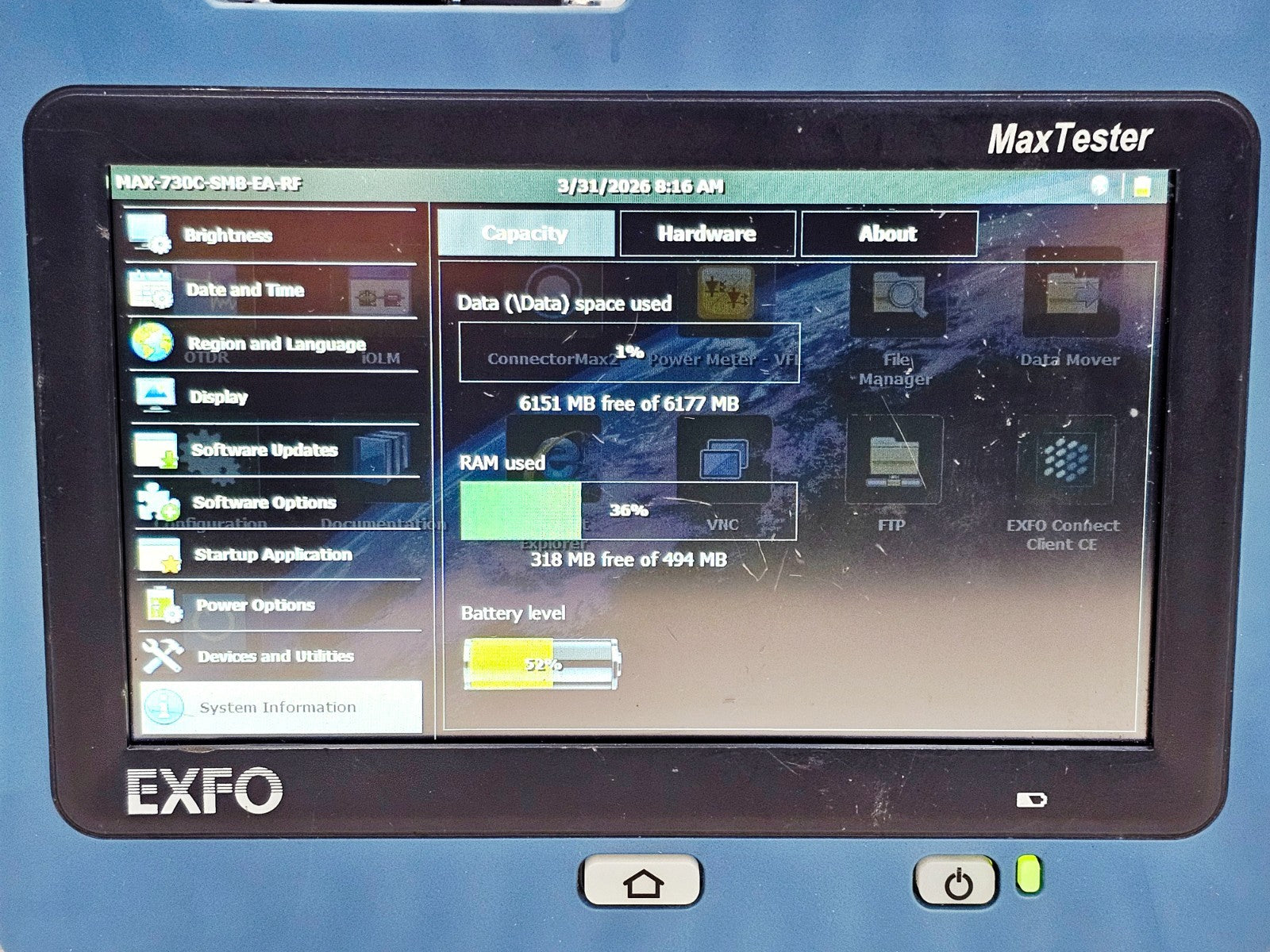 EXFO MAX-730C-SM8-EA OTDR screen display close-up