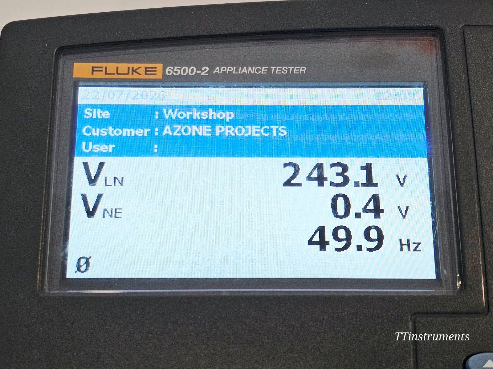 Fluke 6500-2 PAT tester label and serial number detail