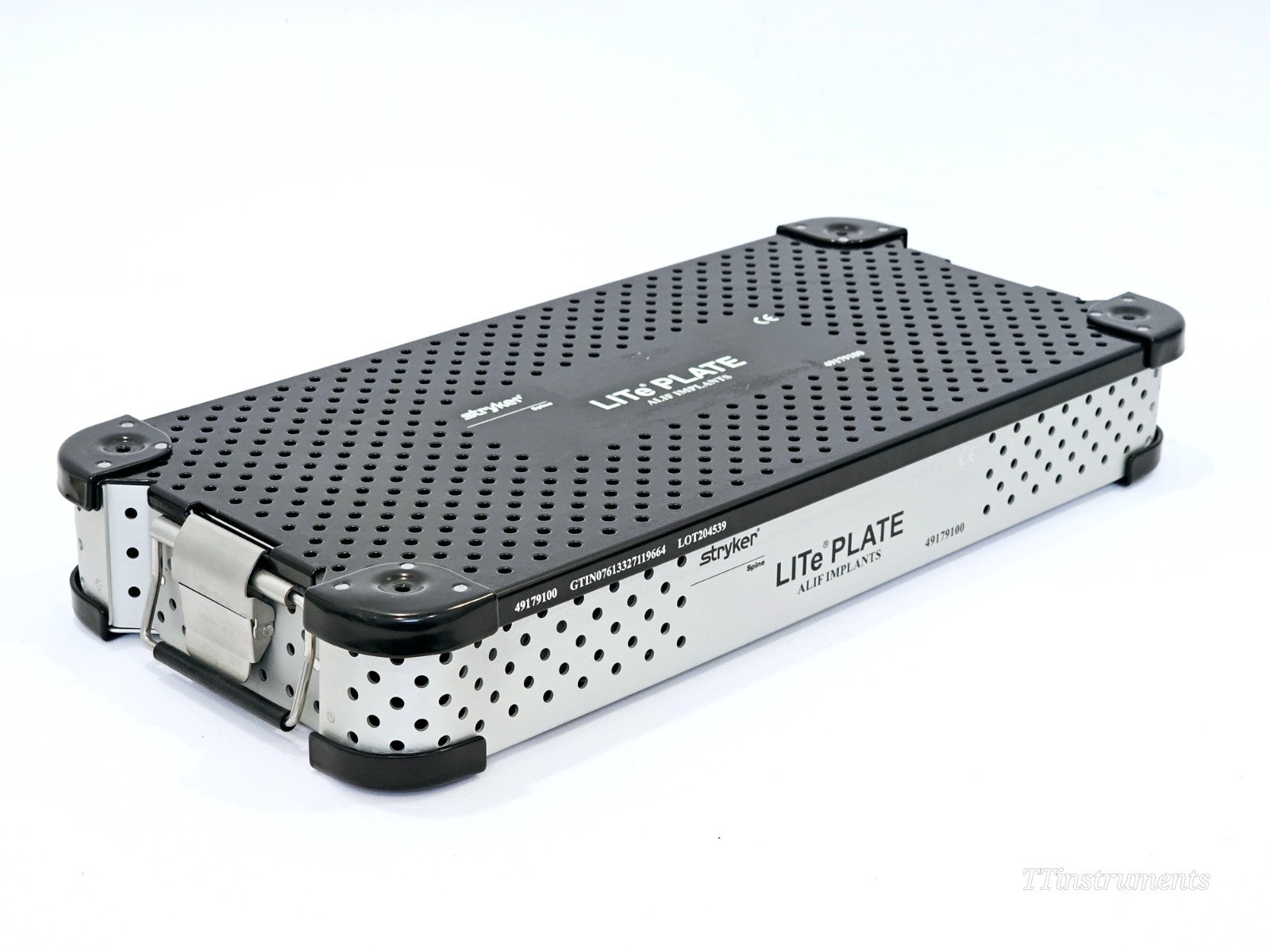 Stryker LITe Plate ALIF Implants 49179100 closed container side view showing latch, LOT 204539, and GTIN label