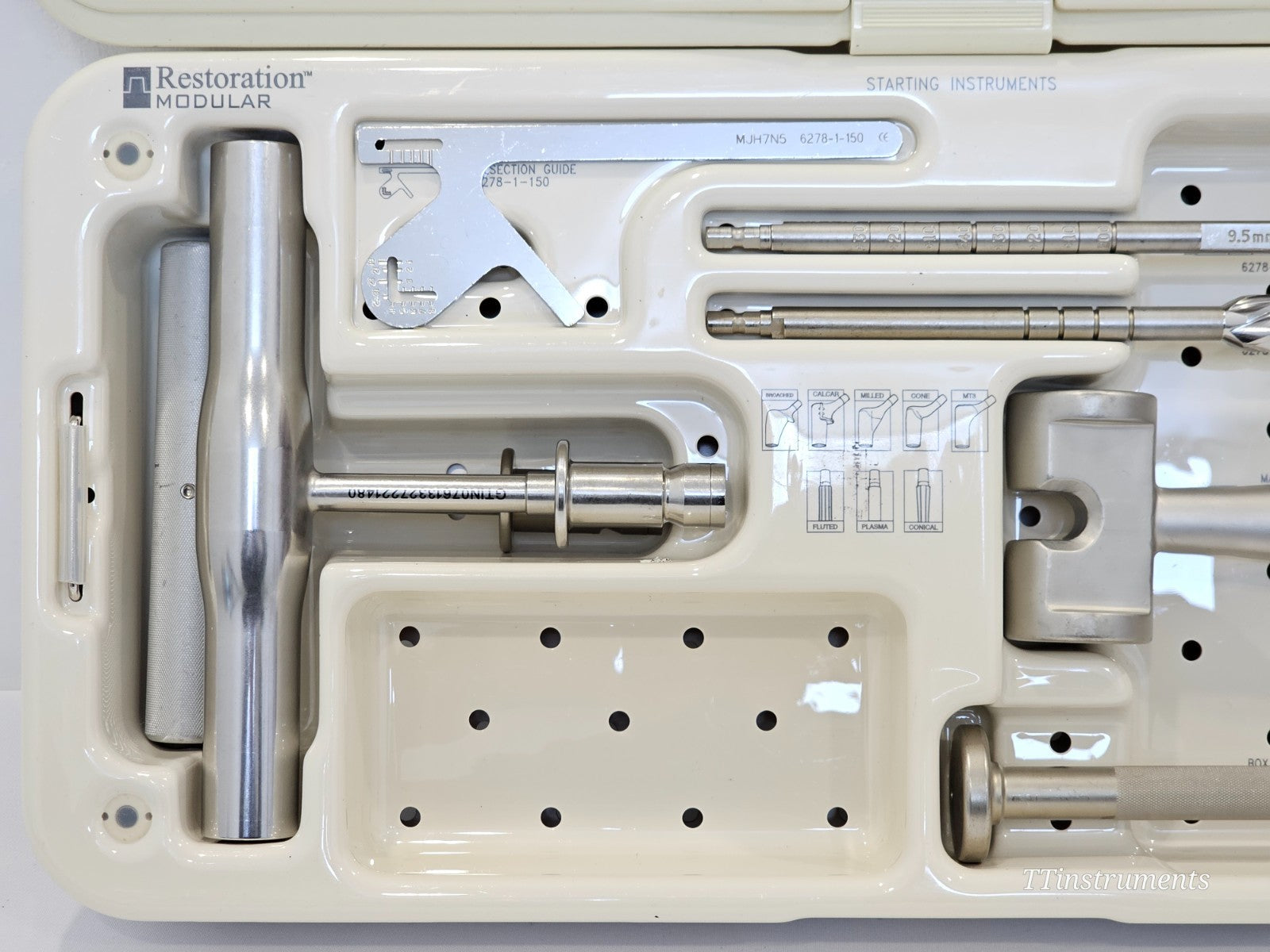 Stryker 6278-9-900 Starting Instrument Tray top view showing section guide 6278-1-150, T-handle, starter awls and tray label
