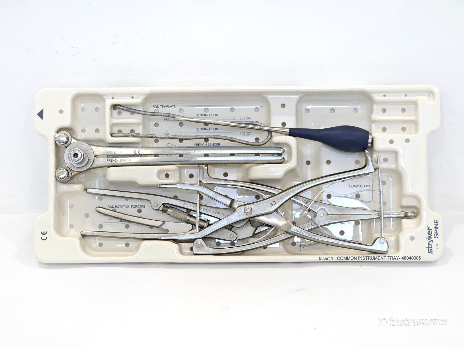 Stryker XIA Insert 1 Common Instrument Tray 48040005 with rod template, bending irons, French benders, rod rotation forceps, compressor