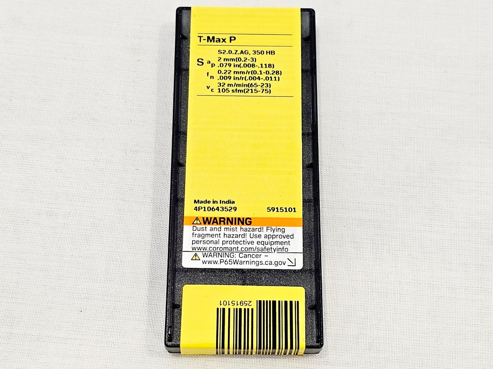 Rear label of Sandvik Coromant T-Max P TNMG 160408-SM 1105 insert pack showing cutting parameters and batch number