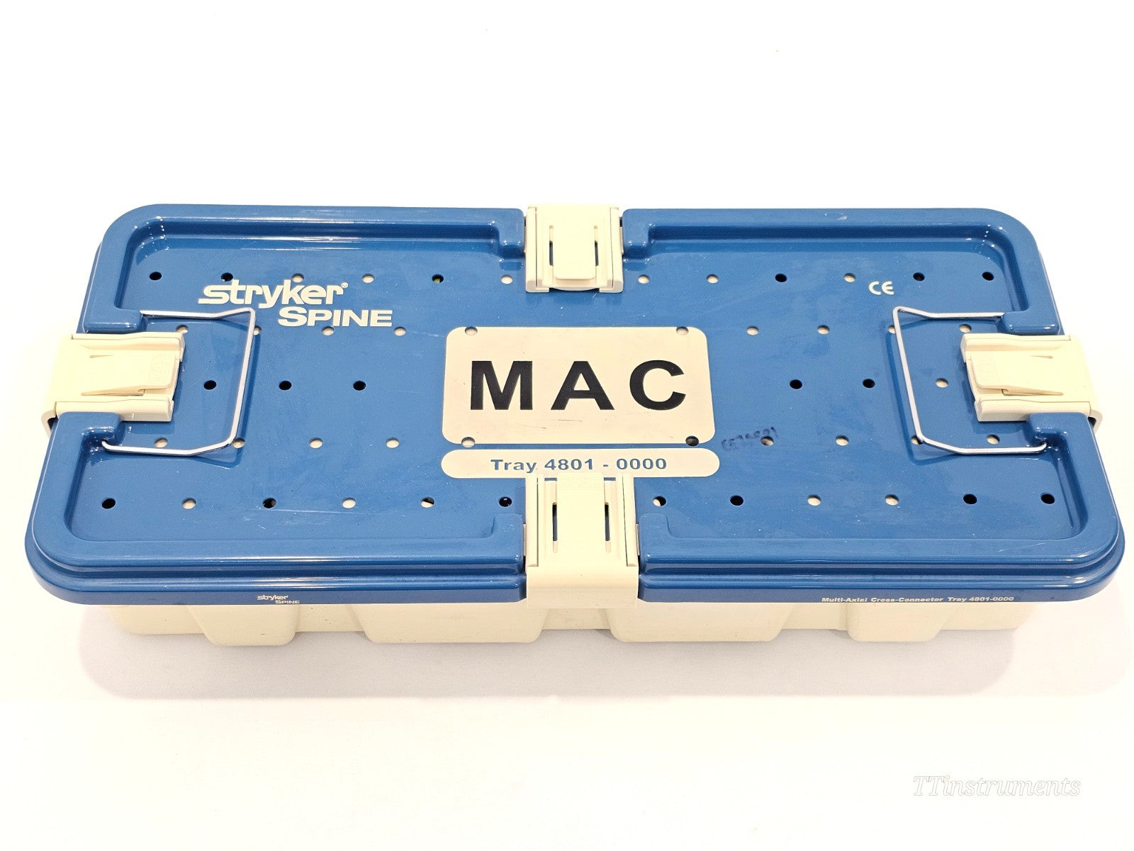 Stryker Spine MAC Multi-Axial Connector Tray 4801-0000 closed blue sterilisation case with CE mark and locking clips