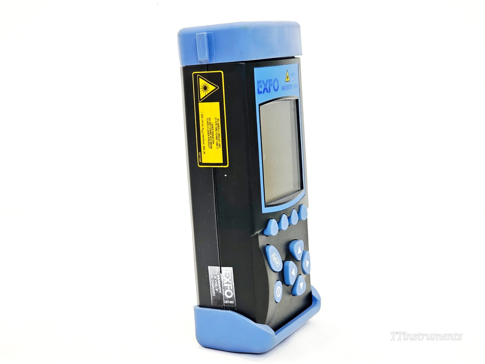 EXFO FOT-922 MaxTester left-side view showing laser warning label and EXFO warranty void sticker