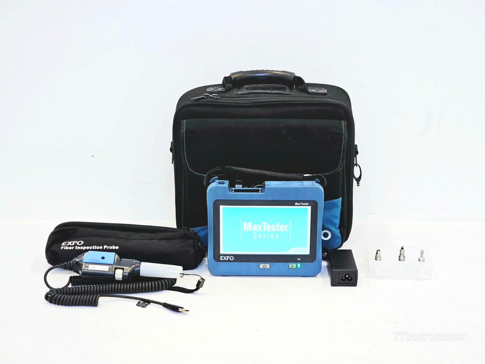 EXFO MAX-730D-SM8 MaxTester OTDR full kit with FIP-430B probe, tips, power adapter, and carry bag