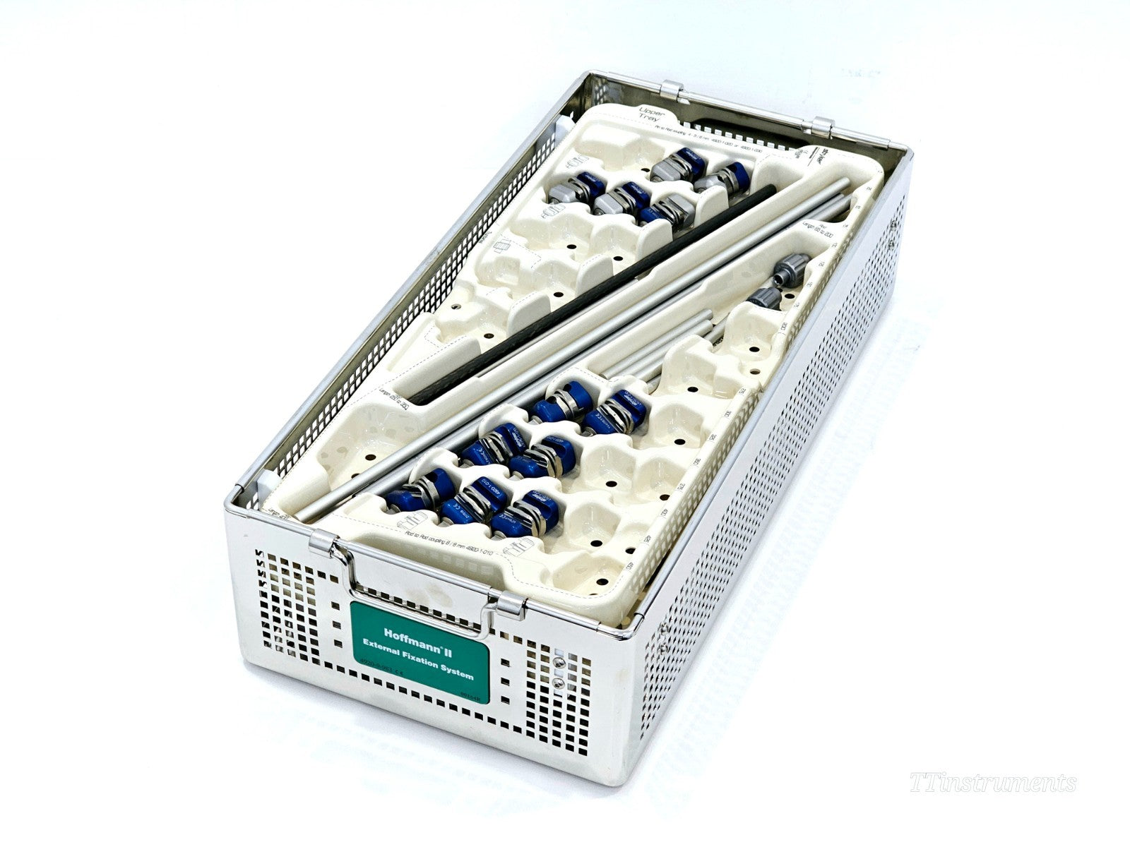 Stryker Hoffmann II External Fixation System case open at angle showing labelled upper tray with blue clamps and rods loaded
