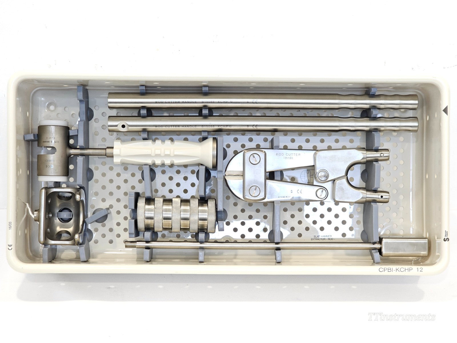Stanmore METS upper tray overhead view showing rod cutter handles, slap hammer extractor rod and knurled sizers