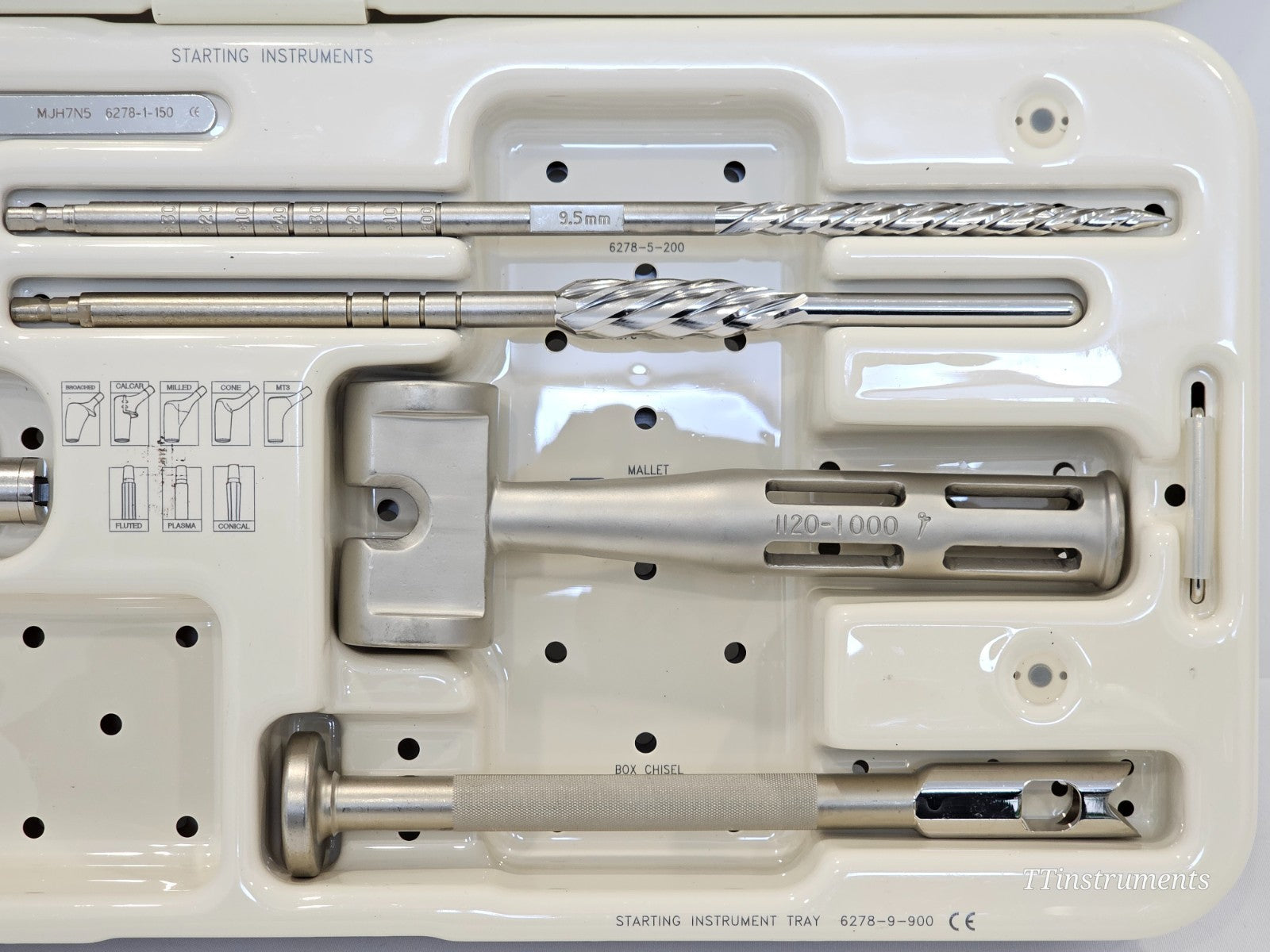 Stryker Restoration Modular Starting Instrument Tray 6278-9-900 close-up showing 9.5mm starter awl, slap hammer 1120-1000 and box chisel