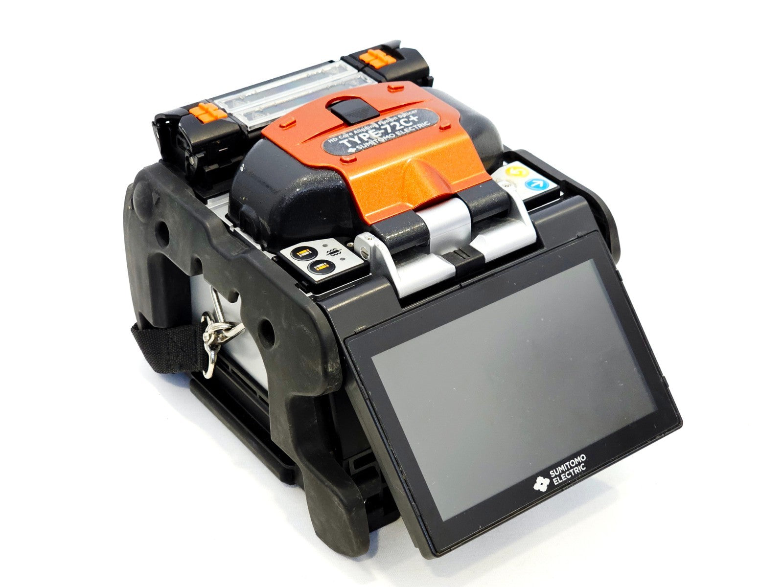 Sumitomo TYPE-72C+ fusion splicer side angle view showing fibre clamp and splicing chamber