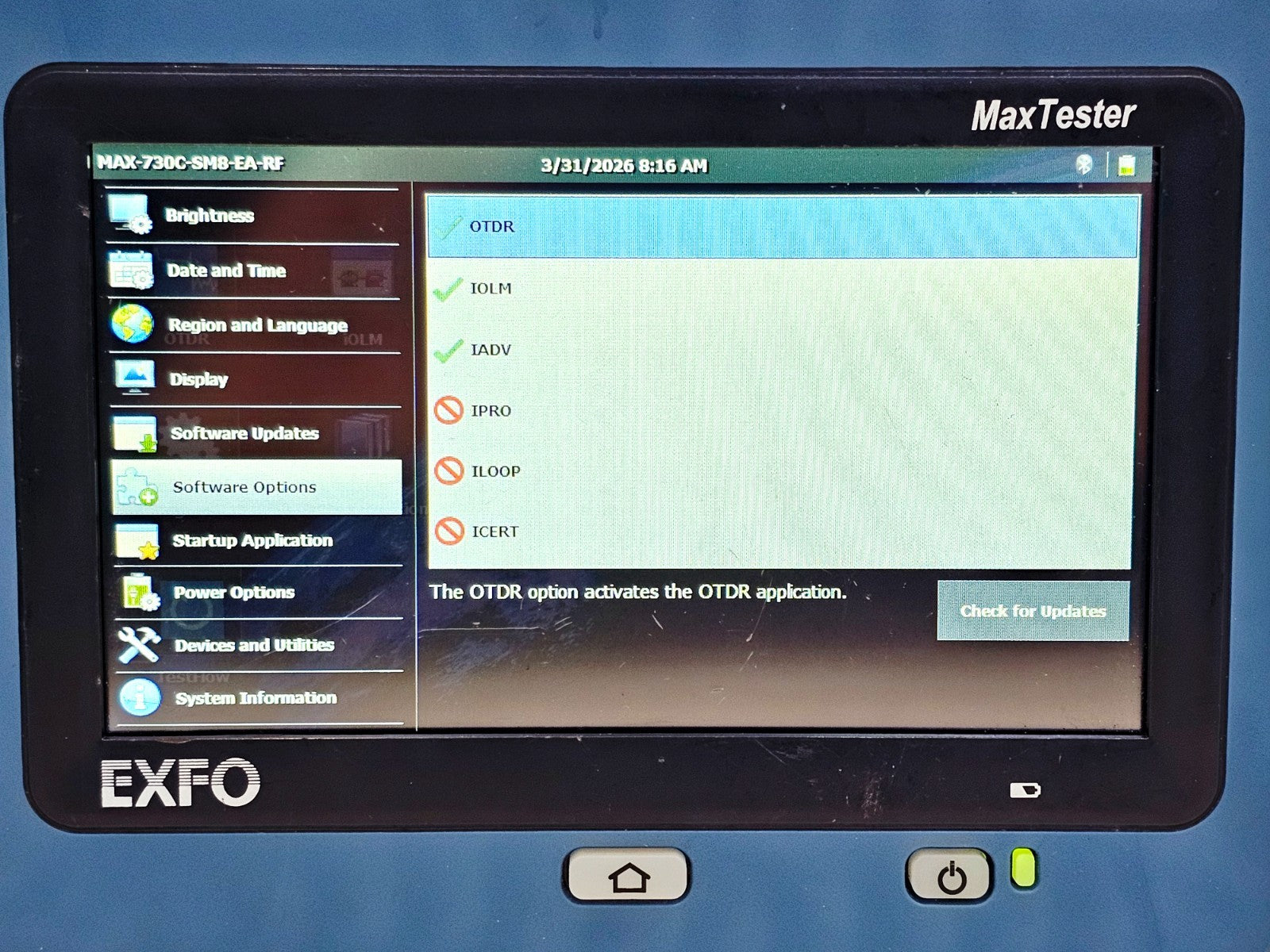 EXFO MAX-730C-SM8-EA OTDR bottom panel and battery compartment view