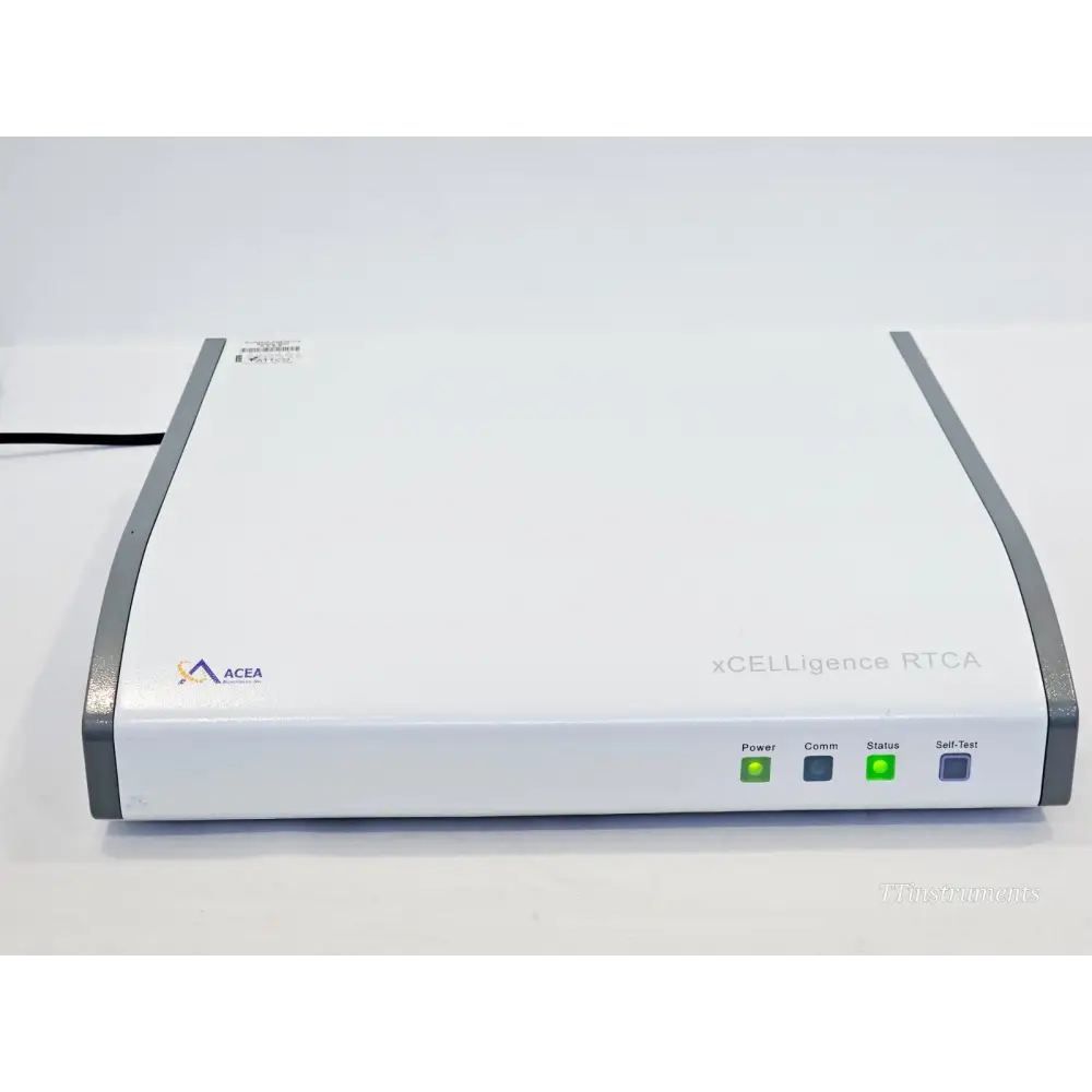 ACEA xCELLigence RTCA W380 top-front view with Power and Status LEDs illuminated green and Self-Test button