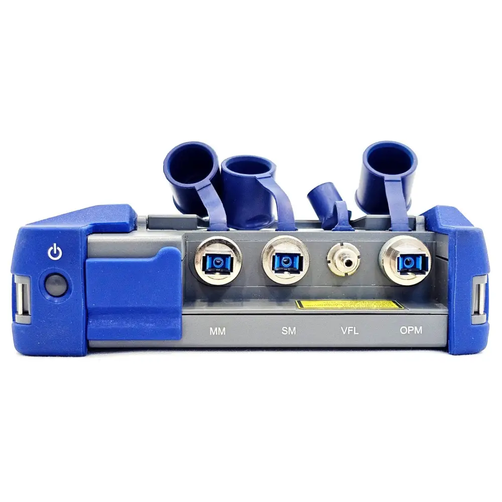 AFL FlexScan FS300-325 OTDR top panel with MM, SM, VFL and OPM optical ports clearly labelled with dust caps fitted