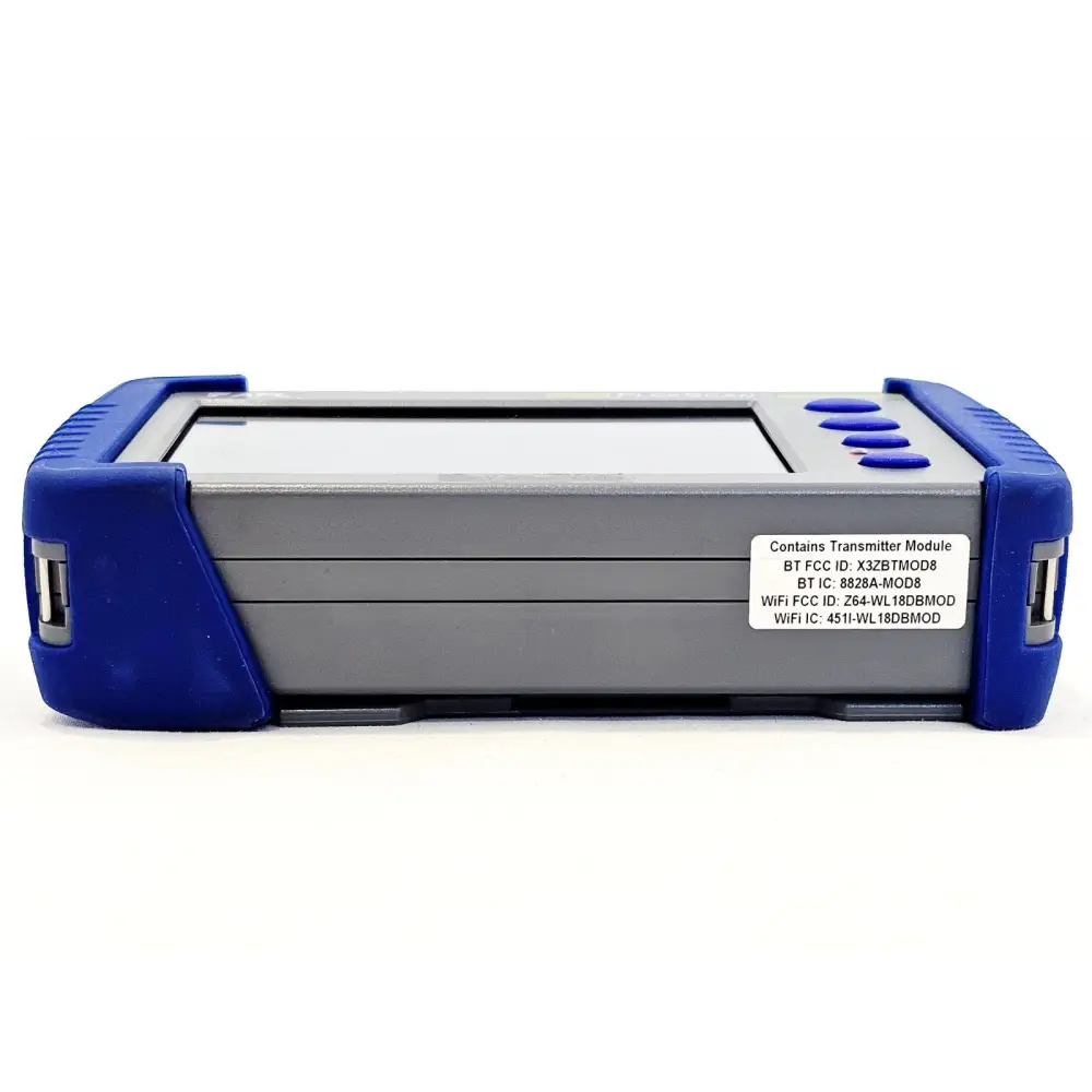 AFL FlexScan FS300-325 OTDR bottom panel label showing Bluetooth and Wi-Fi FCC/IC transmitter module certification IDs
