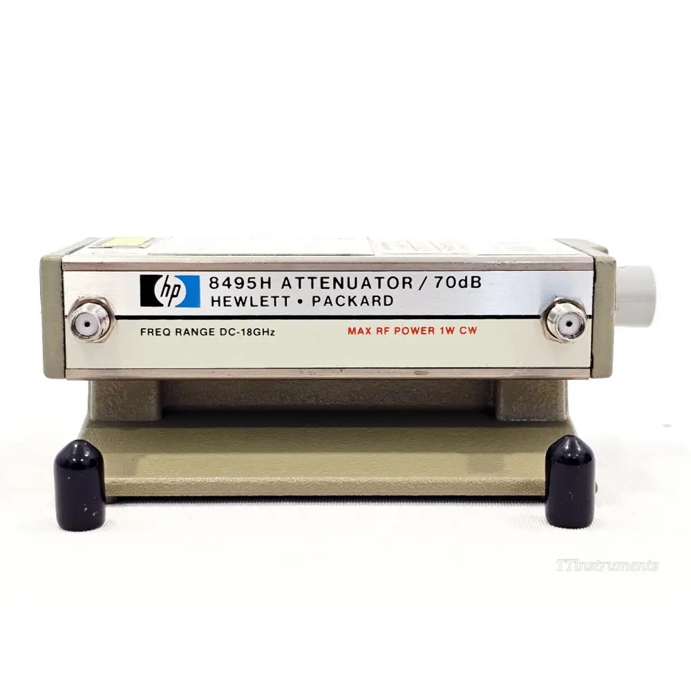 Agilent 8495H 70dB step attenuator front panel showing HP branding, DC-18GHz freq range and Max RF Power 1W CW label
