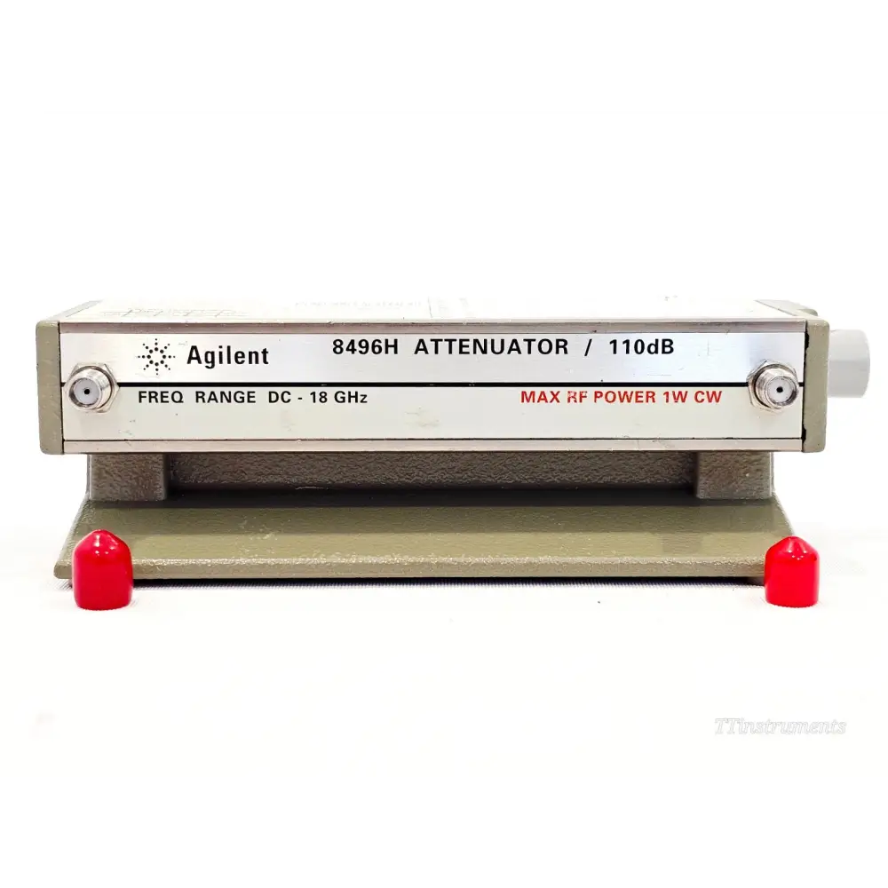 Agilent 8496H 110dB programmable step attenuator front panel, SMA connectors, DC-18GHz label, red port caps
