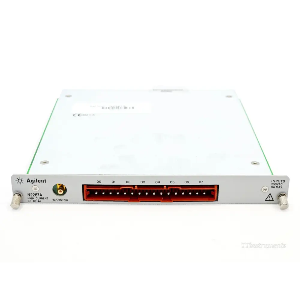 Agilent N2267A relay module front panel — 8 red input connectors (00–07), 250VAC 8A max rating and WARNING label