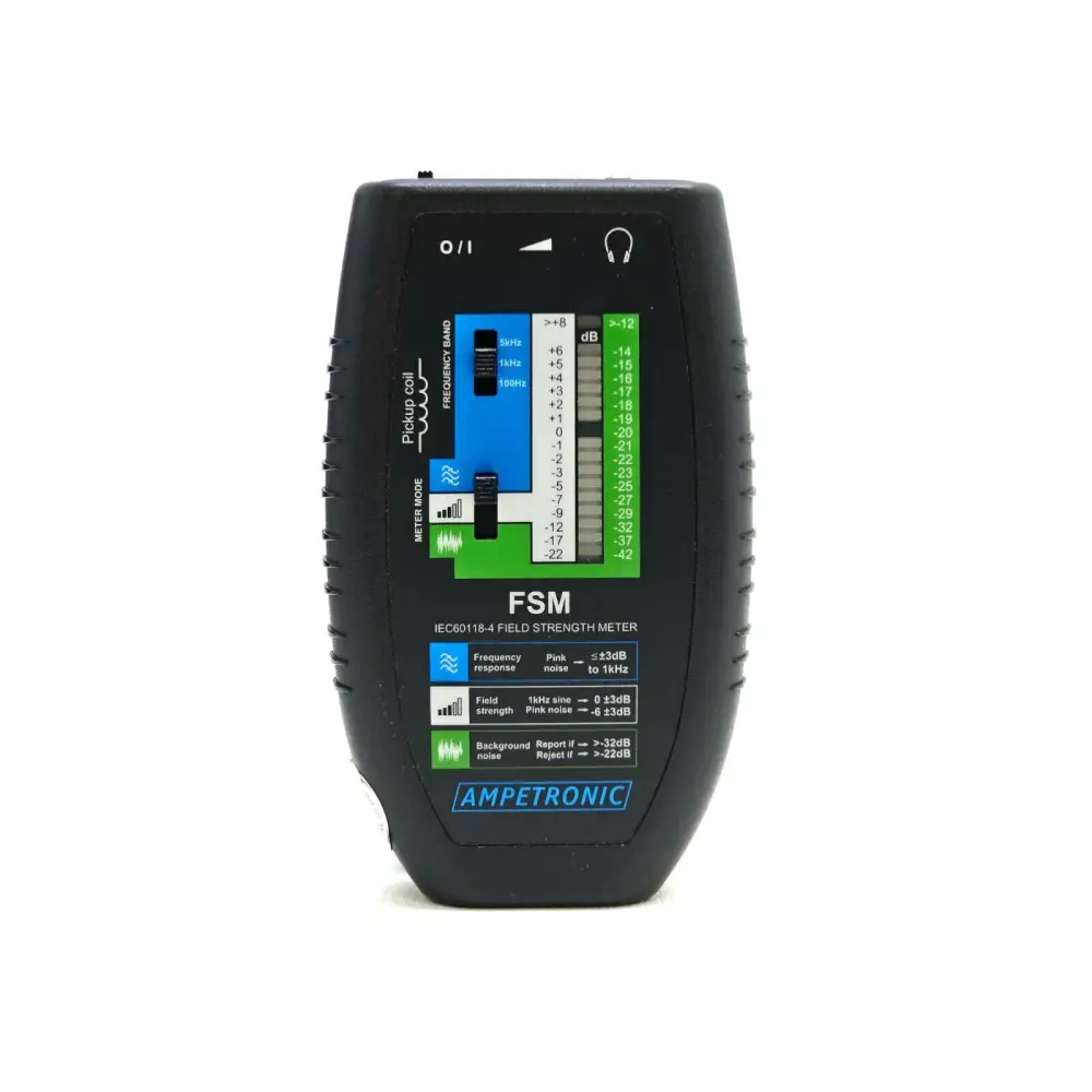 Ampetronic FSM handheld induction loop meter — side profile showing compact 84 x 140 x 27mm housing