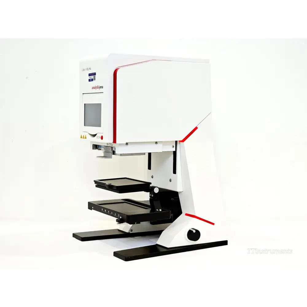 Analytik Jena CyBio SELMA pipetting station left-side view showing dual-level black plate deck and red accent trim