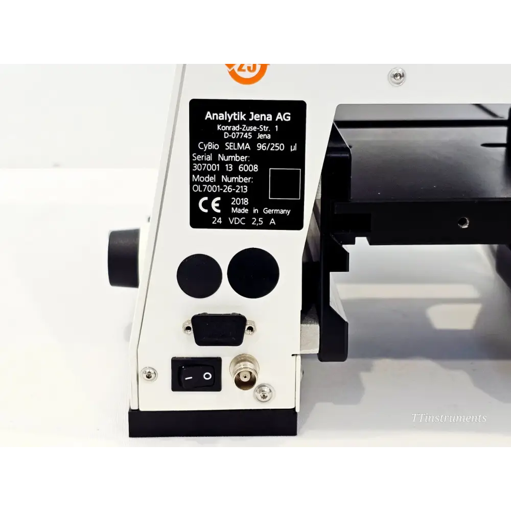 Close-up of CyBio SELMA rear label showing serial number 307001 13 6008, model OL7001-26-213, 24VDC 2.5A, made in Germany 2018