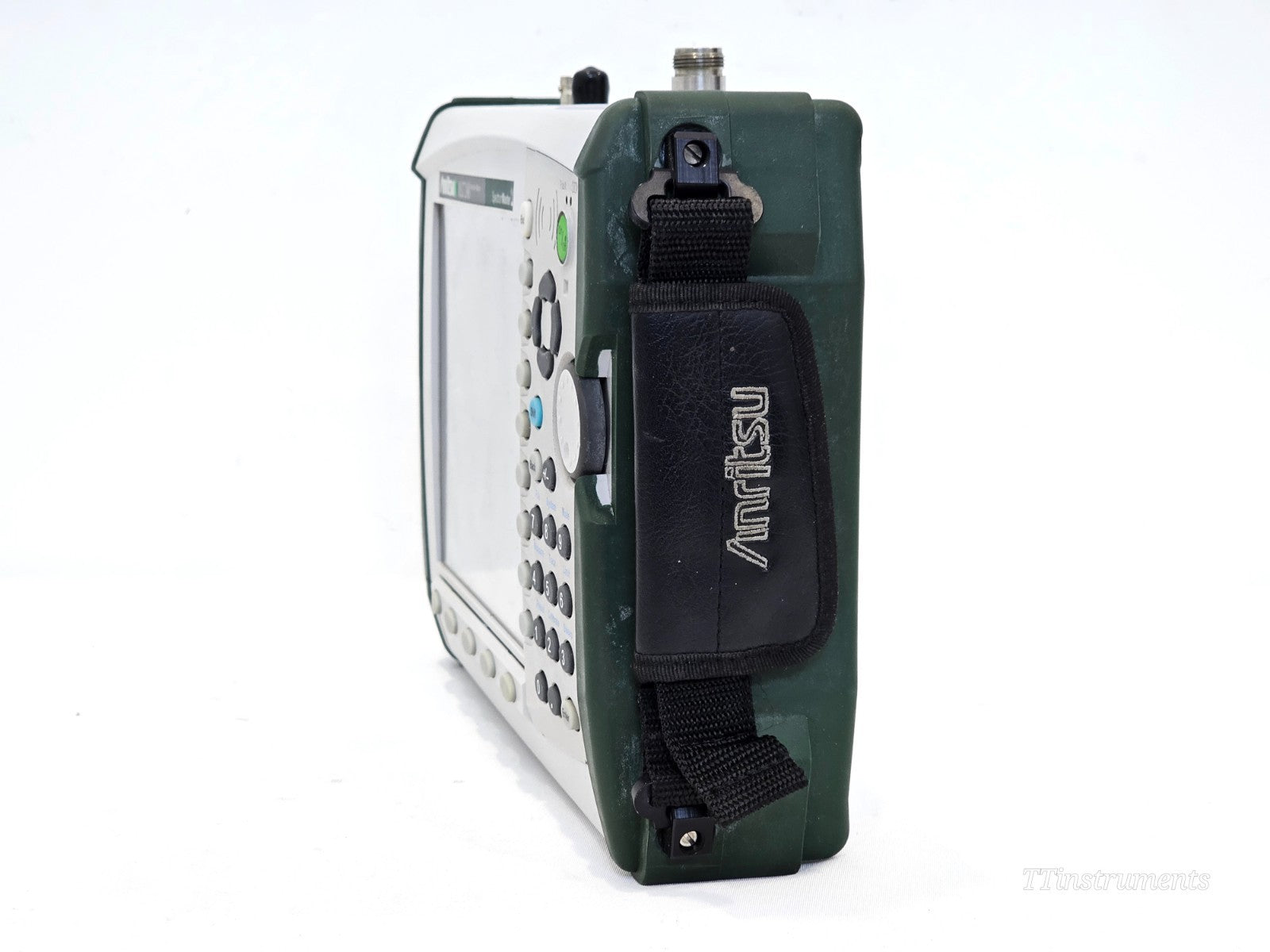 Anritsu MS2724B handheld spectrum analyzer — left side view showing port connectors and rubber bumper