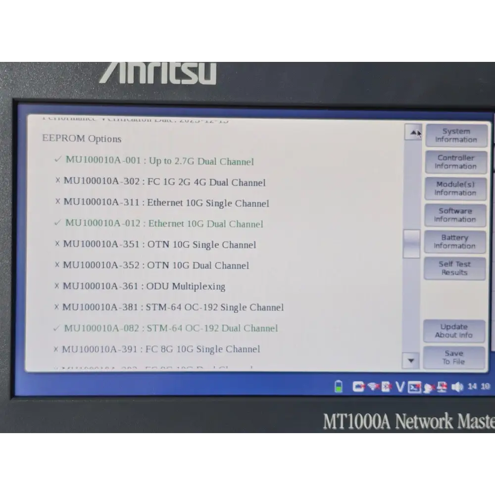 Anritsu MT1000A MU100010A — close-up of model and serial number label on instrument body