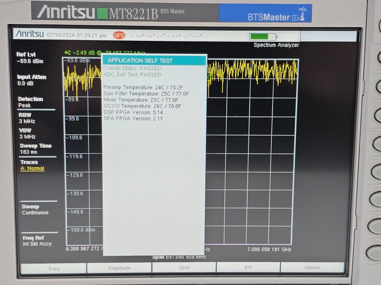 Anritsu MT8221B BTS Master instrument serial number and calibration label detail