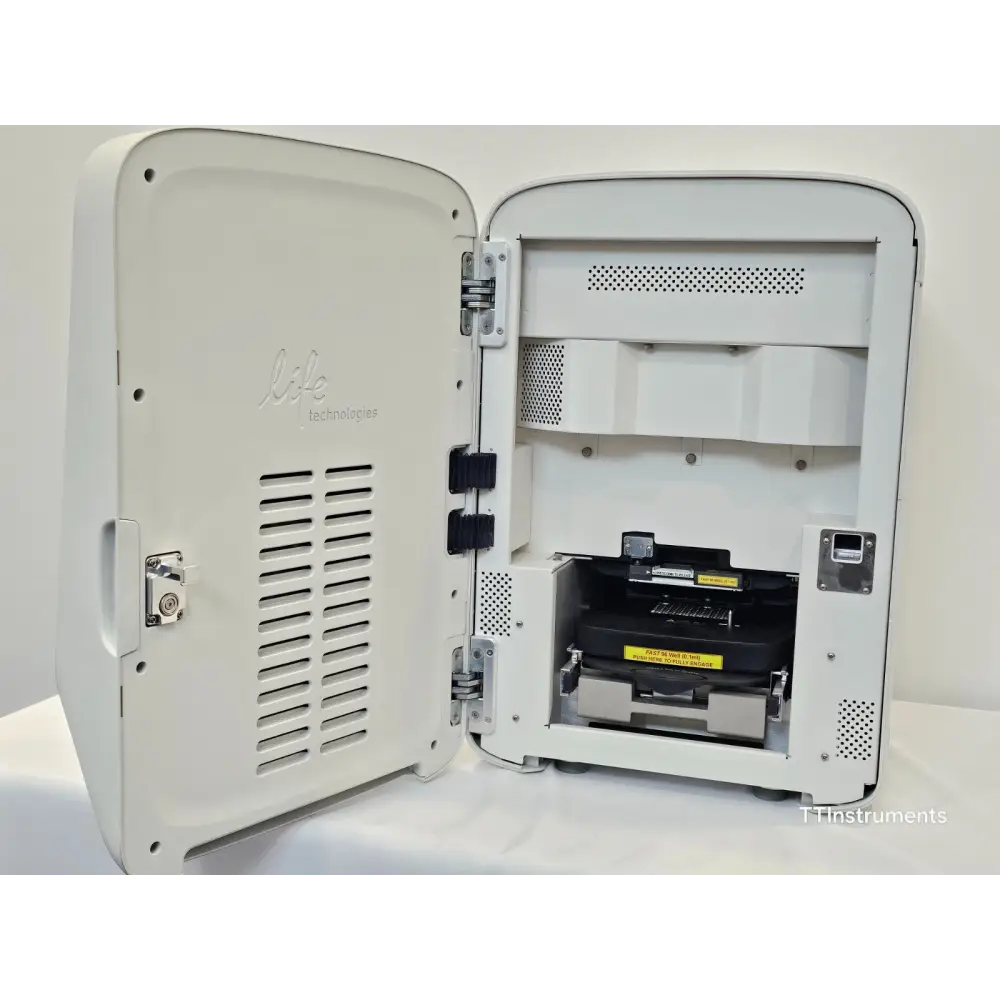 QuantStudio 12K Flex interior view with front door open showing Fast 96-Well block seated in the thermal cycling chamber