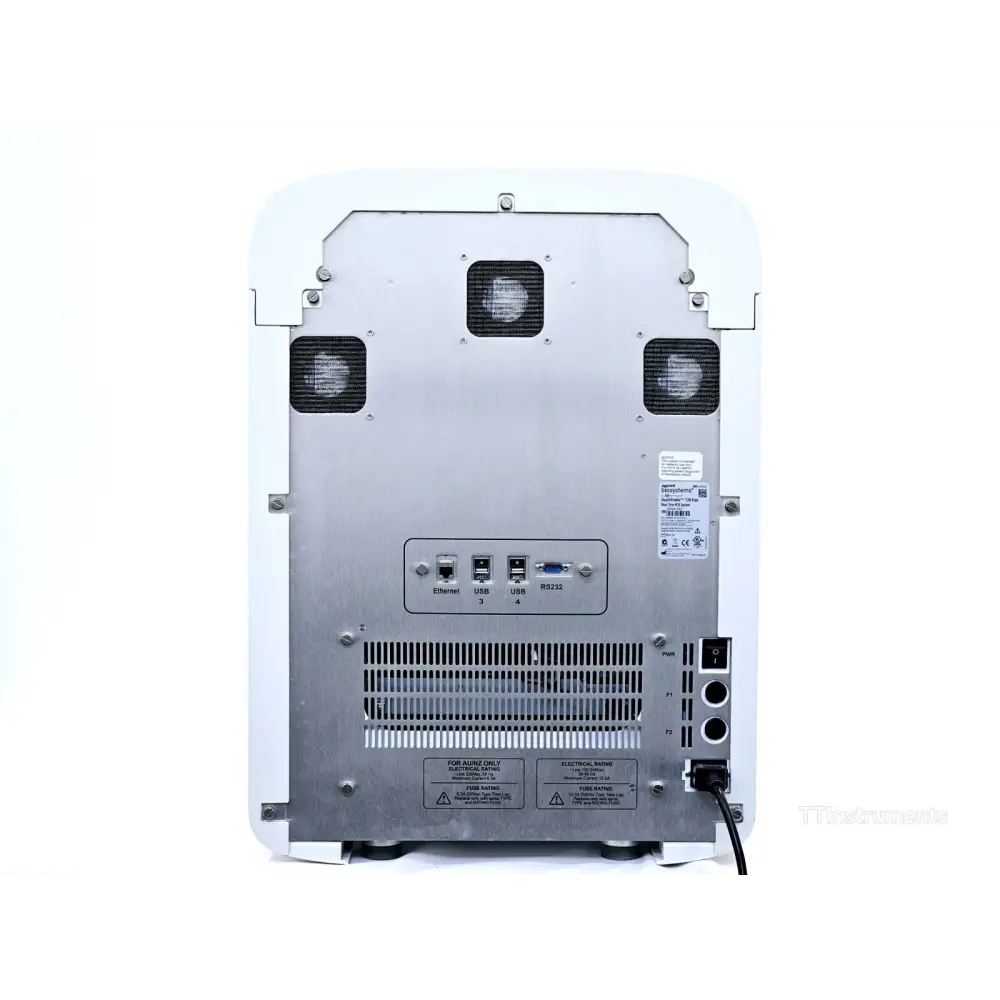 QuantStudio 12K Flex rear panel showing Ethernet, USB 3, USB 4, RS232 ports, cooling vents, and power switch