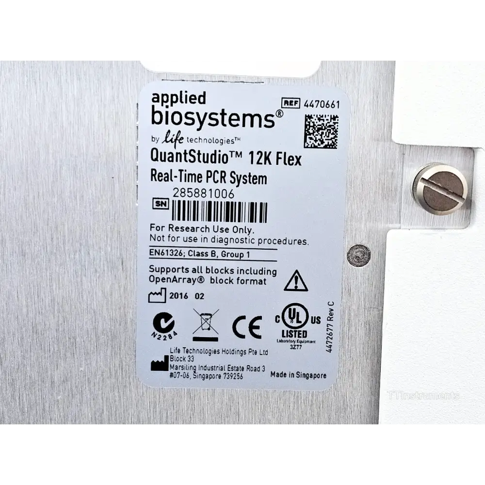 QuantStudio 12K Flex rear identification label showing REF 4470661, S/N 285881006, CE mark, manufactured Feb 2016