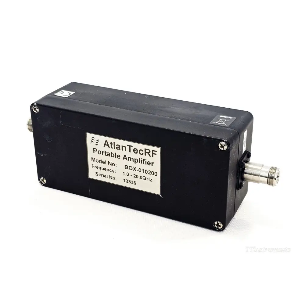 AtlanTecRF BOX-010200 1–20GHz portable amplifier front three-quarter view showing label and Type N output