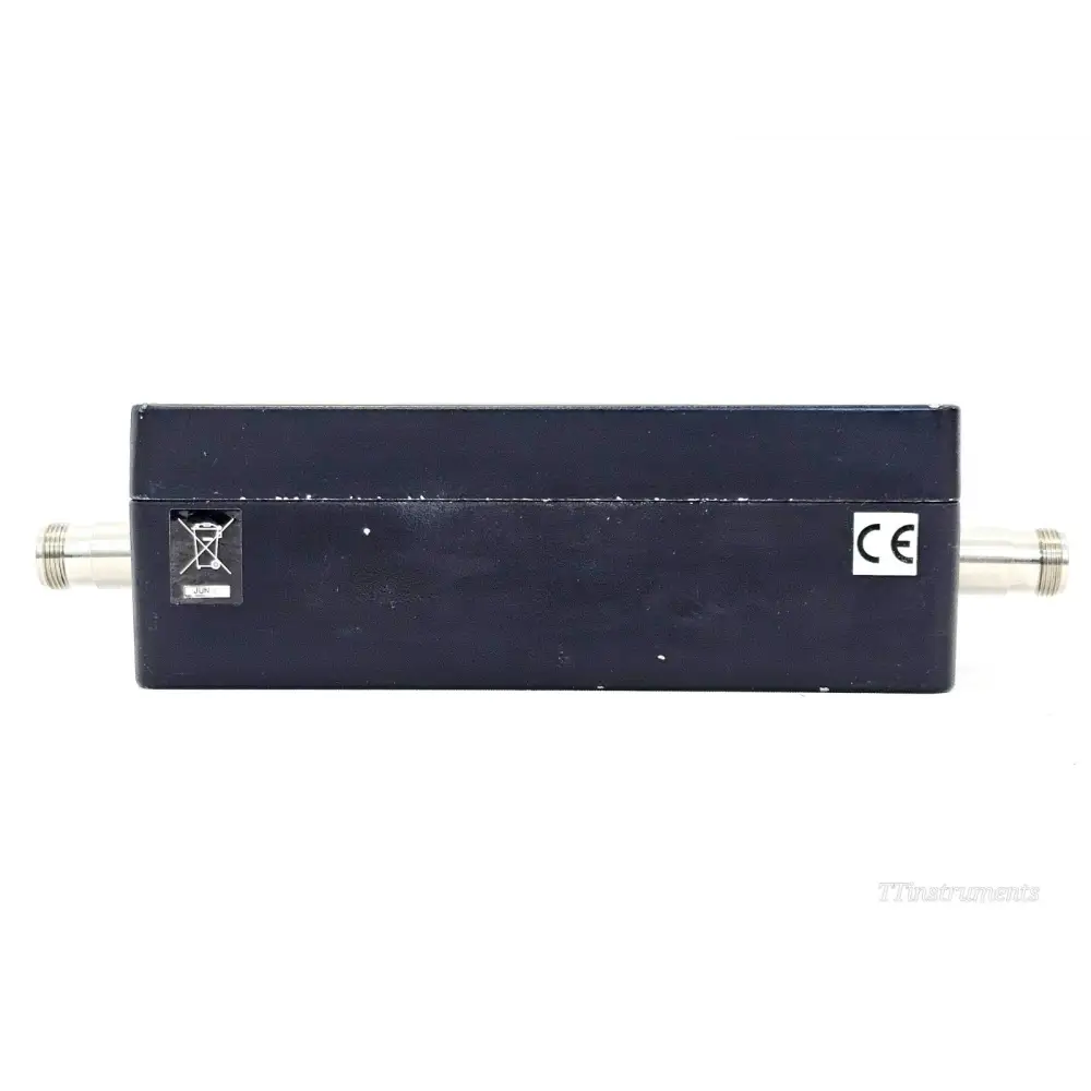 AtlanTecRF BOX-010200 portable amplifier top view showing CE marking, WEEE label and both Type N connectors