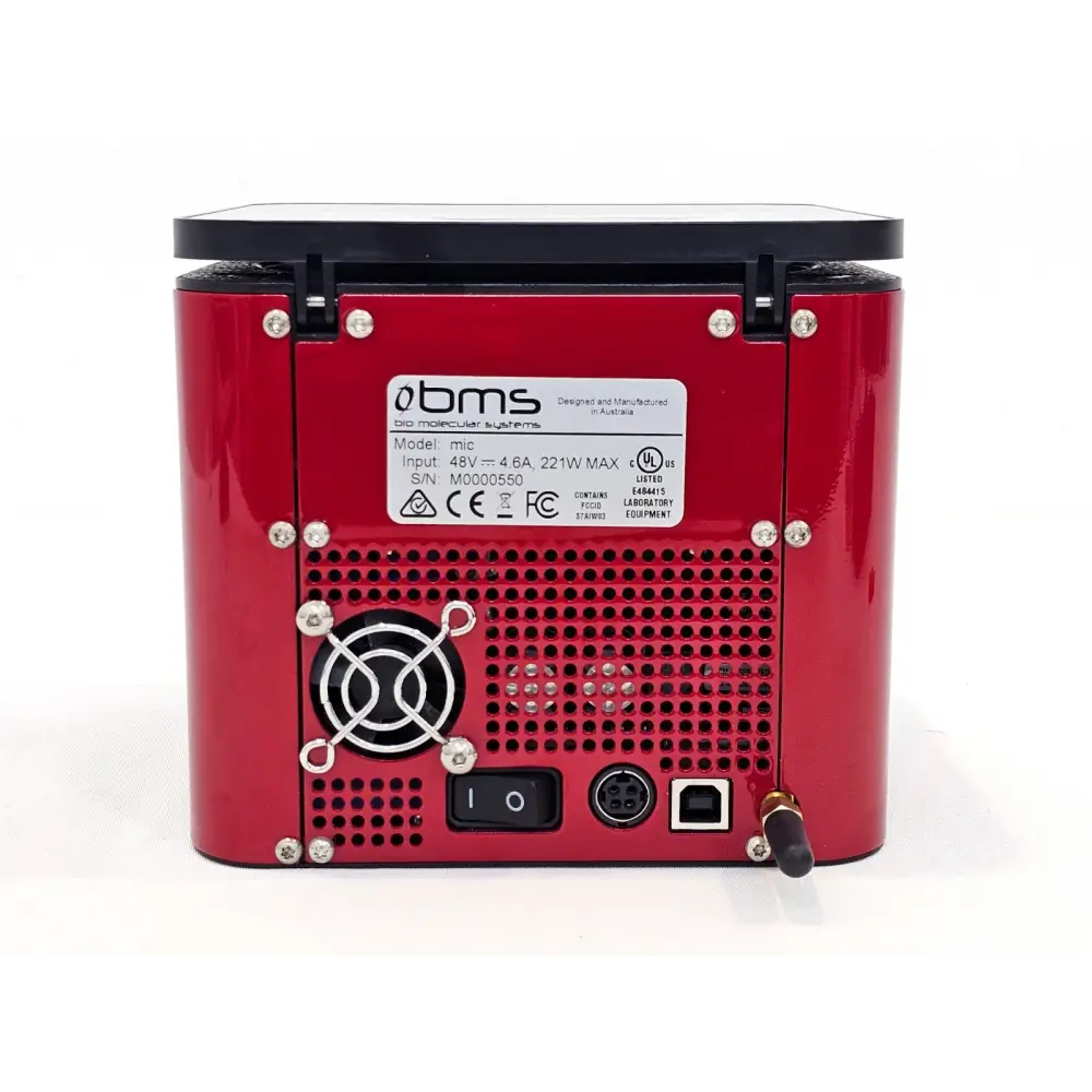 BMS Mic MIC-2 HRM real-time PCR cycler three-quarter angle view showing USB and Bluetooth connectivity ports