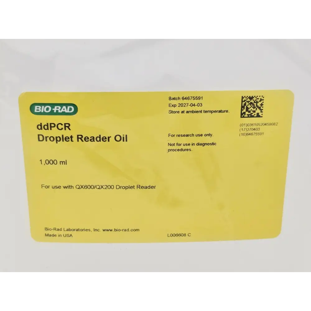 Bio-Rad ddPCR Droplet Reader Oil 1 litre reagent bottle front label showing expiry April 2027