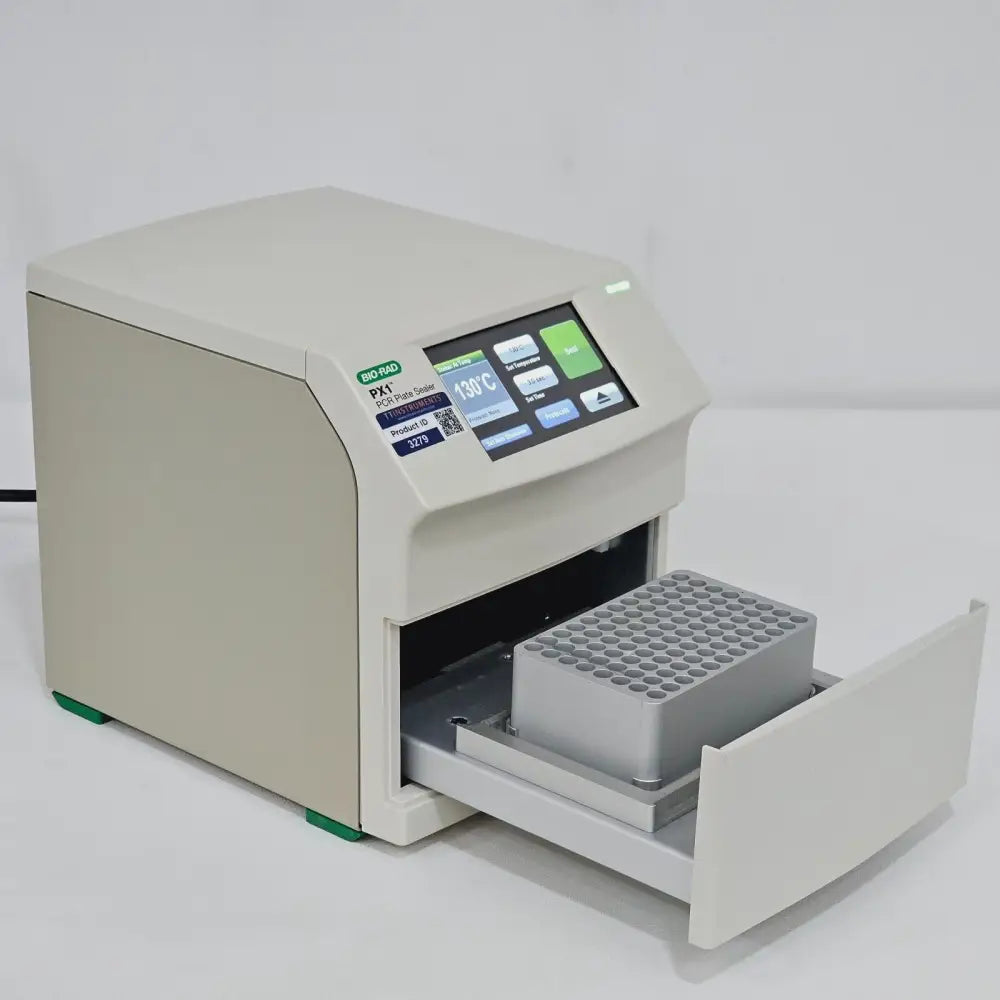 Bio-Rad PX1 PCR Plate Sealer touch-screen display showing temperature and protocol settings