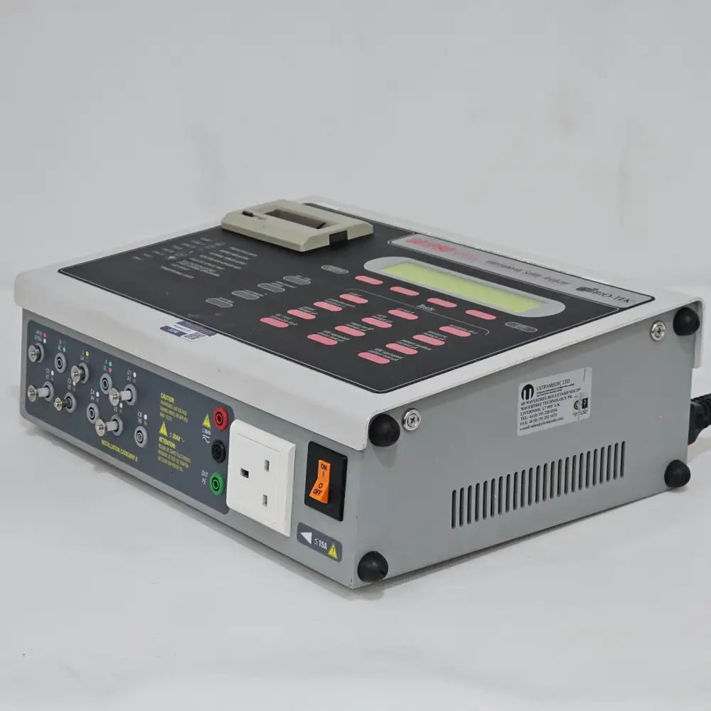 Close-up of BIO-TEK 601PRO XL backlit LCD display showing test menu and mode selection