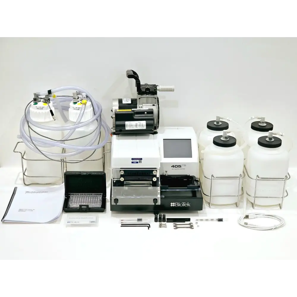 Agilent BioTek 405 TS 405TSUVSQ 96-well microplate washer front view showing touchscreen interface