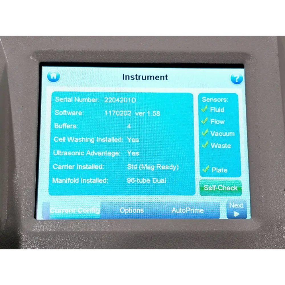 BioTek 405 TS touchscreen displaying active sensor configuration and enabled hardware options