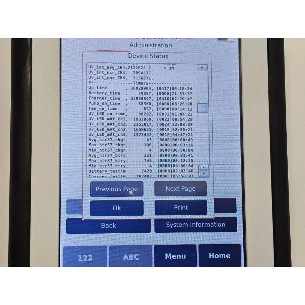 Charles River PTS150 handheld spectrophotometer powered on showing home screen