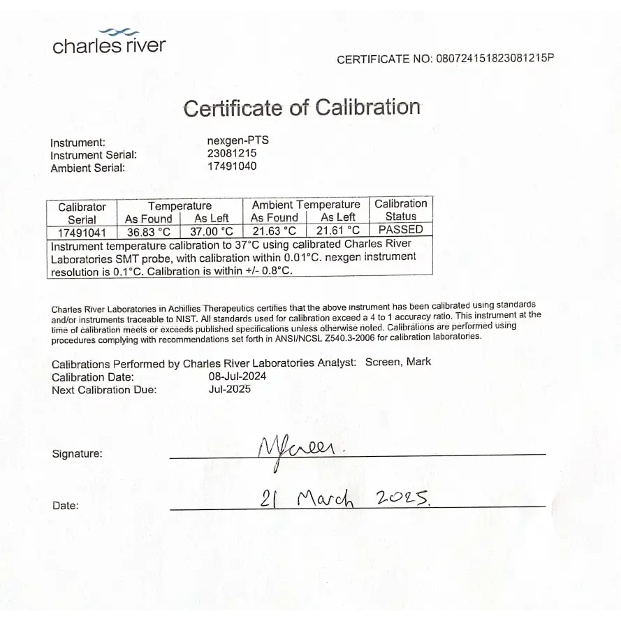 Charles River calibration certificate for Endosafe nexgen-PTS ASM-00019