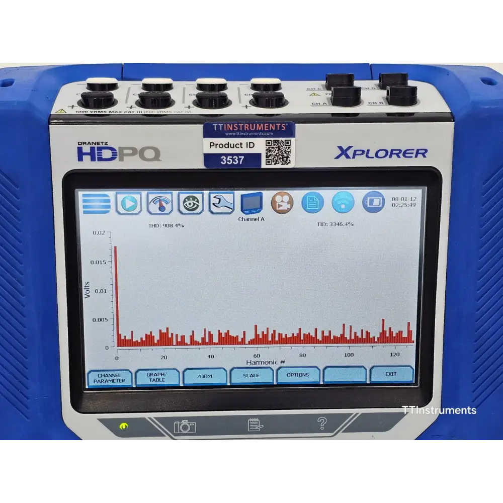 Close-up of Dranetz HDPQ Xplorer 7-inch WVGA touchscreen displaying energy demand data