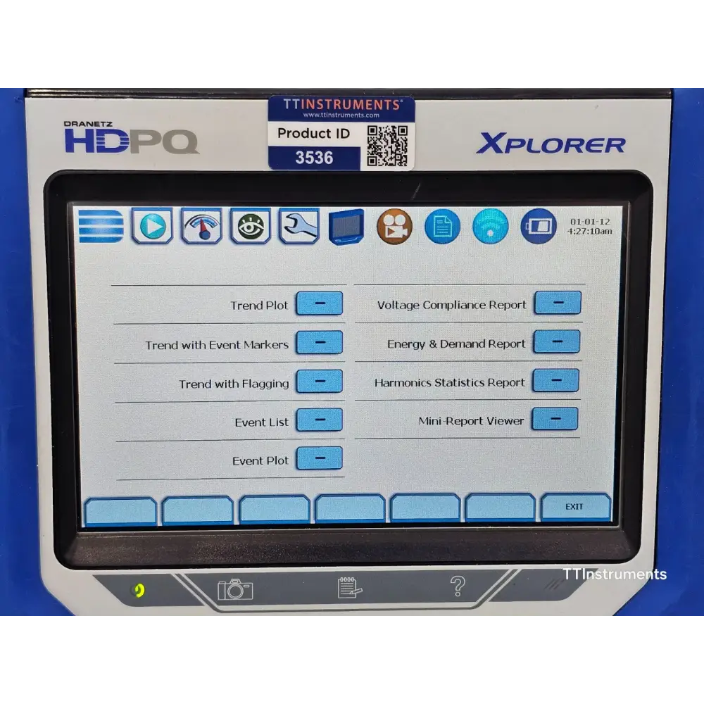Dranetz HDPQ Xplorer with voltage cable set and test leads laid out alongside the instrument