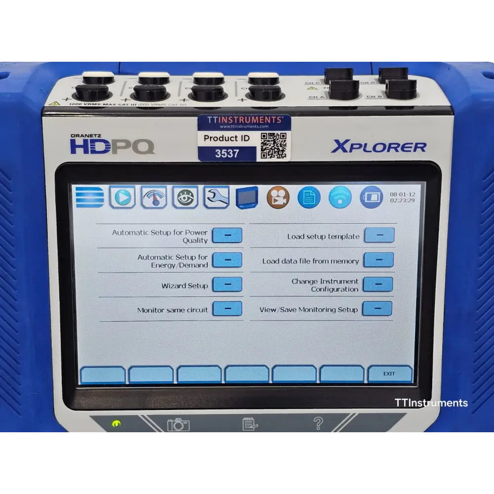 Rear view of Dranetz HDPQ Xplorer showing instrument label, serial number and battery compartment