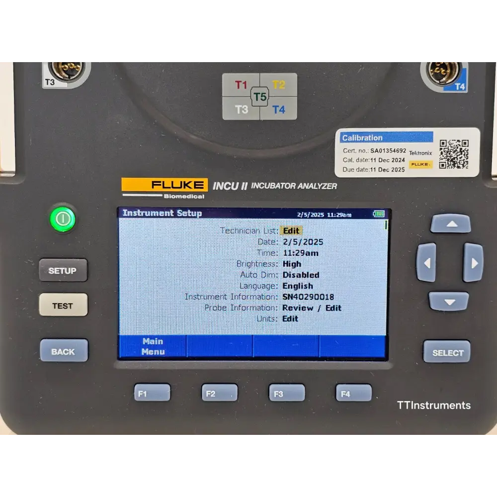 Fluke INCU II analyzer with temperature probes connected and arranged for incubator testing