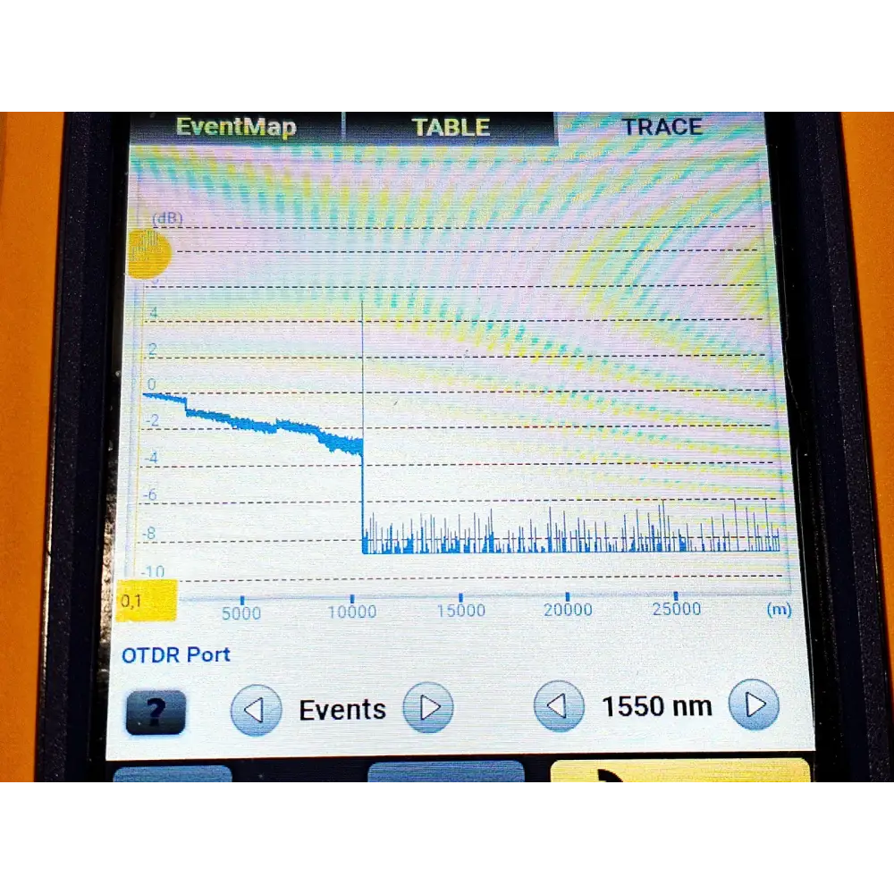 Fluke OptiFiber Pro QUAD OTDR DataCenter OTDR mode test setup screen on Taptive display