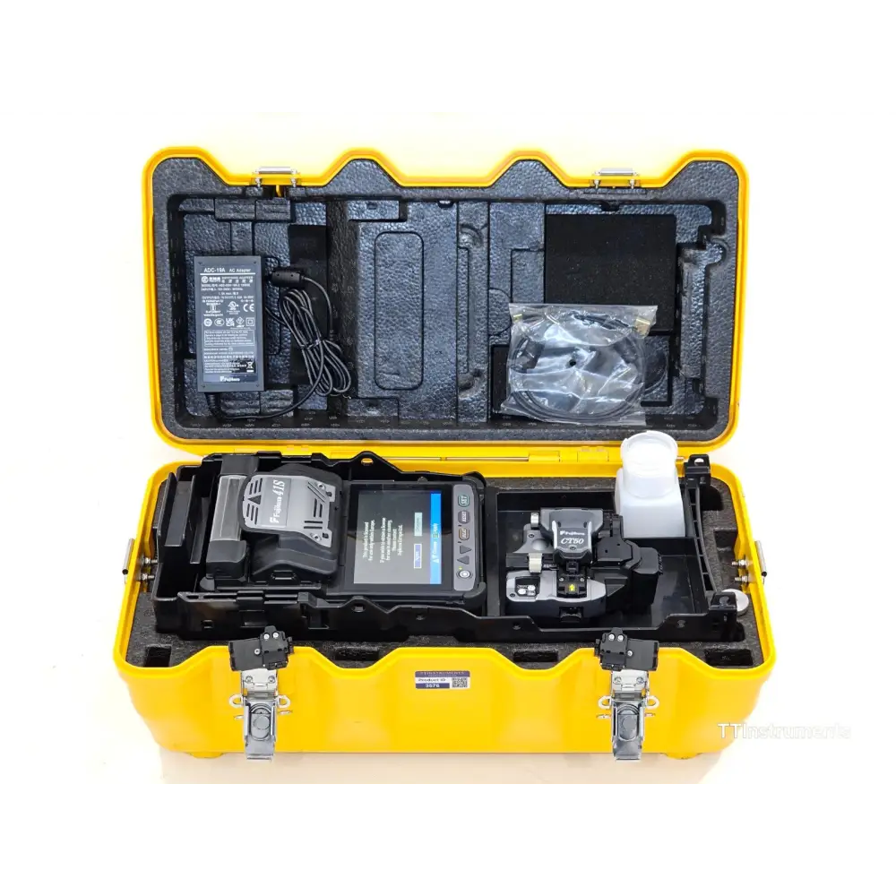 Fujikura 41S active cladding fusion splicer front view showing 5-inch colour touchscreen display and V-groove splicing bay