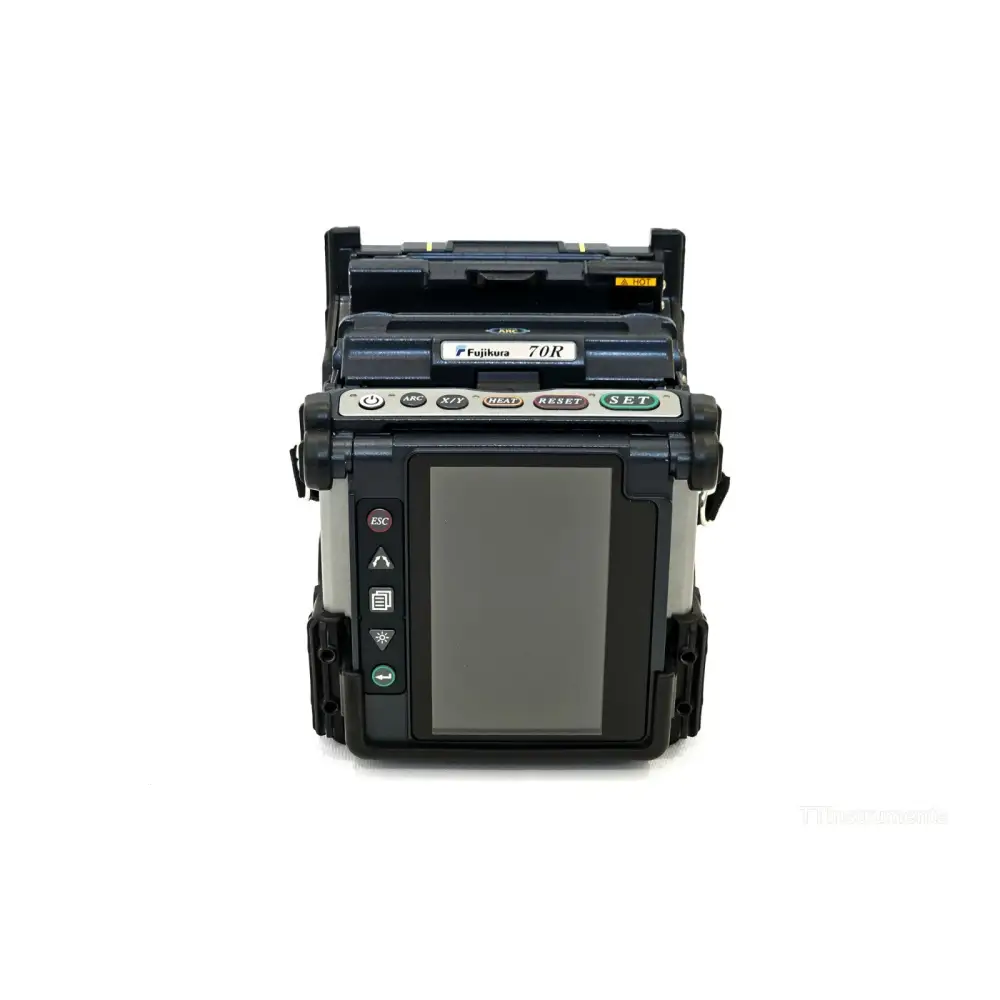 Fujikura FSM-70R ribbon fusion splicer front view showing TFT colour LCD display and V-groove platform