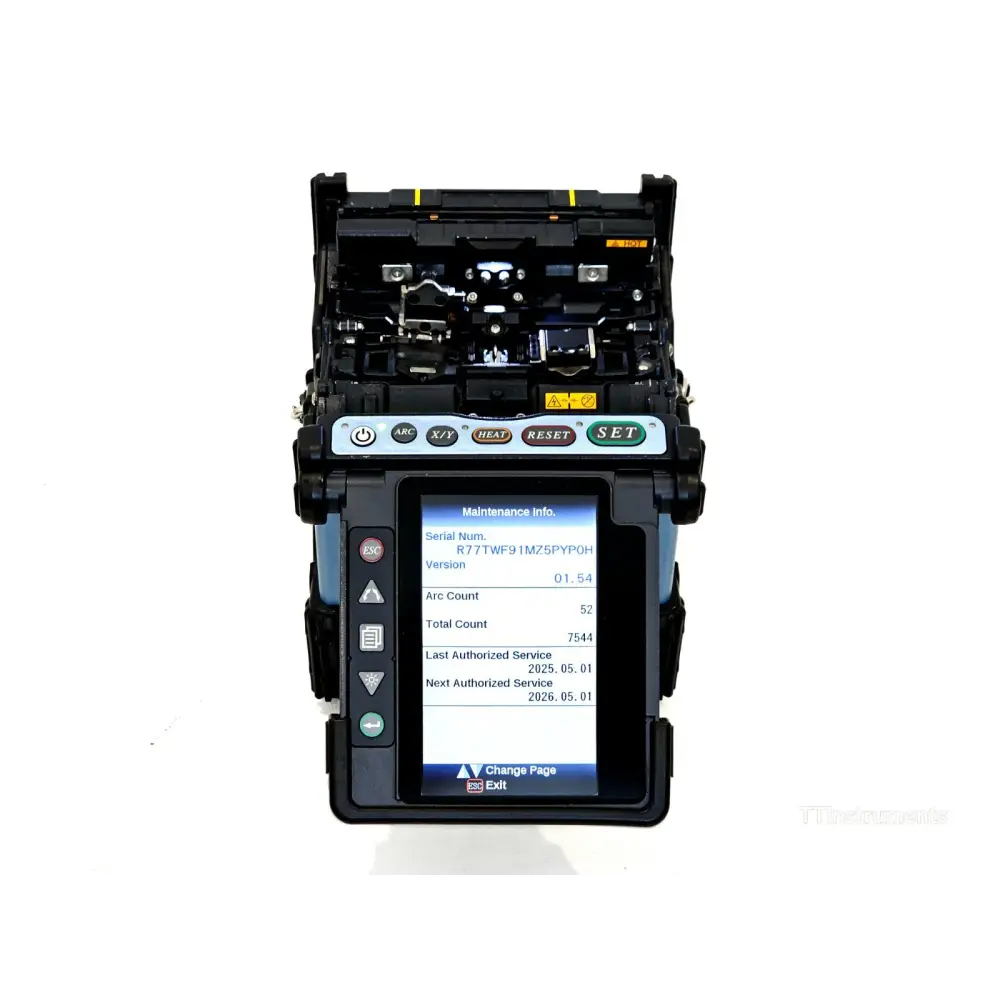 Fujikura 70S fusion splicer open splicing bay with electrode assembly and fibre clamp detail