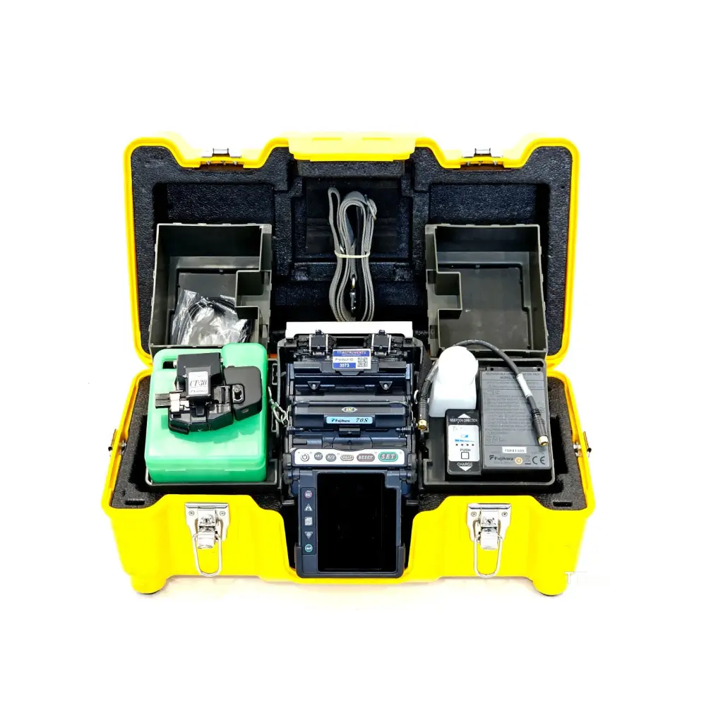 Fujikura FSM-70S core alignment fusion splicer front view showing 4.73-inch colour LCD display and wind protector