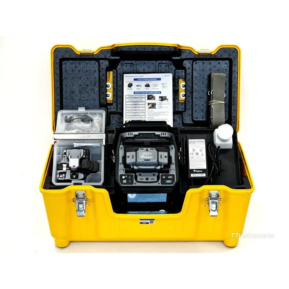 Fujikura 90S+ core alignment fusion splicer front view showing 4.9-inch TFT touchscreen and open wind protector